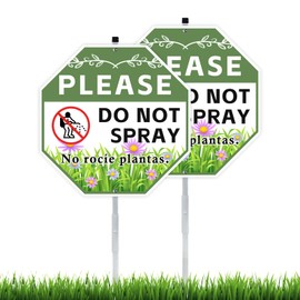 2 Pack 10" x 28" Do Not Spray Signs with Stake, Aluminum Garden Metal Signs for Outdoor Lawn, Bilingual Plant Sign in English and Spanish