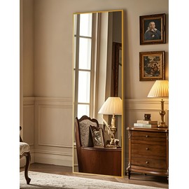 Delma Full Length Mirror,Large Floor Mirror with Aluminum Frame for Bedroom, Bathroom, Living Room,Wall Mount or Freestanding Design(with Stand,Rect 56x15-Gold)