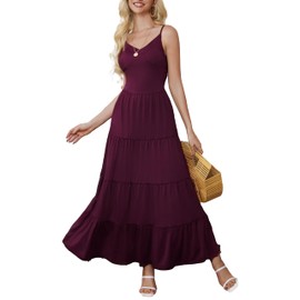 HipGlamp Womens Summer Casual Loose Plain Maxi Dress Backless Beach Tiered Spaghetti Strap Long Dress with Pockets ABurgundy X-Large