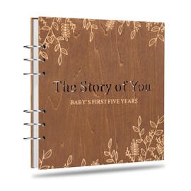 Wooden Keepsake Baby Memory Book Boys & Girls, First 5 Years Baby Book Journal Memory Album Photo Book, Gender Neutral Baby Milestone Scrapbook from Pregnancy to Age 5, Keepsake Gift for New Parents