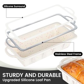 Vinino Silicone Bread Loaf Pan with Metal Reinforced Frame, 9.5 x 5 in Non-stick Silicone Loaf Pan for Baking, 2 Pack Durable Silicone Bread Pan for Oven Dishwasher Safe - Cream