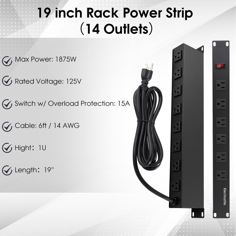 ElecVoztile 19 Inch 14-Outlet Rack Mount PDU Power Strip, 15A,