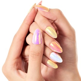 GLAMERMAID Press on Nails Short Almond, Color Skipping Chrome Spring Handmade Gel Glue on Nails, 24Pcs Glossy Short Stiletto Reusable UV Finish Fake Nails Acrylic False Nails Manicure Kits for Women