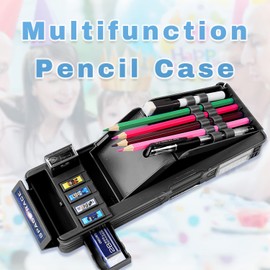 Ristpal Pop Up Multifunctional Pencil Case for Boys and Girls, Cute Cartoon Pattern Pencil Case with Pencil Sharpener, Whiteboard, Best Birthday Gift, black, Plastic pencil box