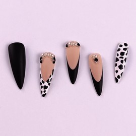 JUSTOTRY Pack of 24 Cow Print Stiletto Nails for Sticking Long, Black French Artificial Nails, Matt Almond Artificial Nails, Press On Nails, Pretty Fingernails Fake Nails for Women