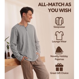 DAVID ARCHY 100% Cotton Men's Pyjamas Sets, Men's Loungewear Set with Drawstring and Fly, Henley Collar Men's Pjs