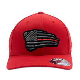 Thin Red Line American Waving Flag 3D PVC Soft Rubber Patch Flex Fitted Hat (S/M, Red)