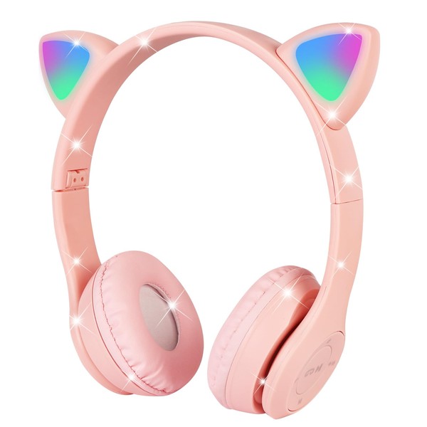 AXFEE Children's Headphones, Bluetooth, Girls' Cat Ear Headphones, Over-Ear with
