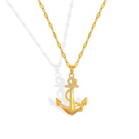 LEXINHS Gold Ship Anchor Pendant Necklace with Cubic Zirconia Accents, 18 inches Chain Jewelry, 18in, Brass, Rhinestone