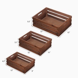 SENRYEE Wood Crates For Storage,Decorative Vintage Brown Wooden Crates For Display,Handmade Solid Wood Boxes,Set Of 3 Rustic Black Wooden Crate. (vintage brown)