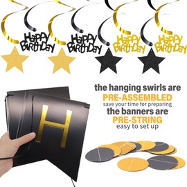 Birthday Decorations, NO DIY, Pre-Strung Happy Birthday Banner with Honeycomb Balls, Hanging Swirls Streamers, Circle Dots Garland, Happy Birthday Party Decorations for Women Men Boys Girls(Black)