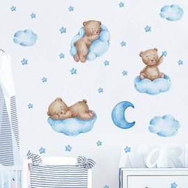Mestiker Wall Sticker, Animal, Cute, Teddy Bear, Painting Style, Interior, Bear Sleeping on Blue Clouds, Removable Stylish, Scandinavian Wallpaper, Wall Sticker, Kindergarten, Nursery, Children's