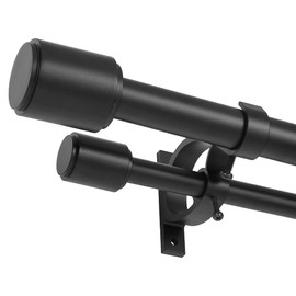 Double Curtain Rods for Windows 36-72 Inches, Matte Black Window Curtain Rod with Cap Finials, Adjustable 1 Inch Front and 5/8 Inch Diameter Back Double Drapery Rod, Telescoping Dual Curtain Rod Black