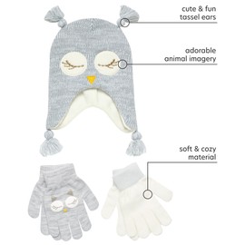 ABG Accessories Girls Critter Winter Hat and 2 Pair Gloves or Mittens (Toddler/Little Girls), Size Age 4-7, Owl Gloves 4-7