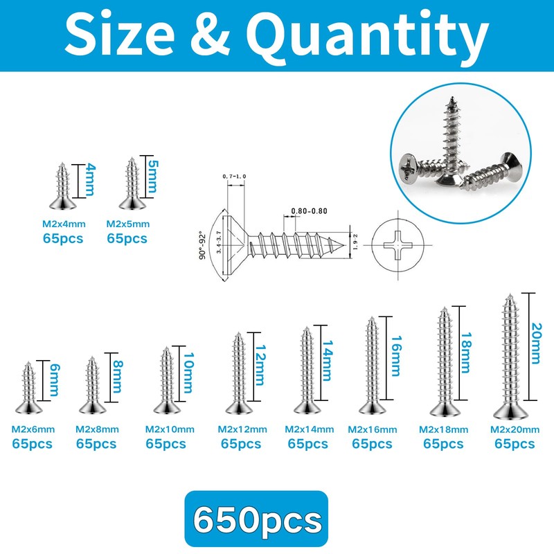 Zmbroll M2 Silver Countersunk Head Self-Tapping Screws 650Pcs Phillips Drive