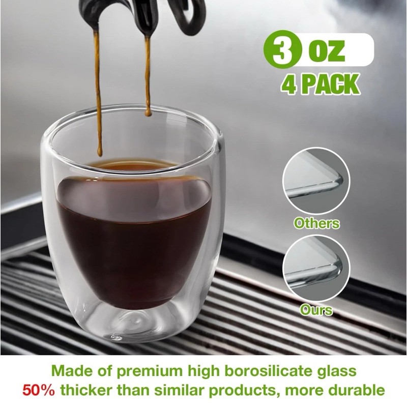 Gencywe Double Walled Espresso Cups Set of 4 (50% Thicker),