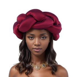 Exaggerated Big Braid Head Band African Raw Silk Turban Cap for Women Nigeria Wedding Party Headpiece Female Headband (One Size,Wine Red)