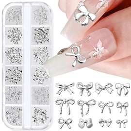 1Box/12Grid Silver Bow Nail Charms Bows For Nails Charms Multiple Shapes 3D Nail Bow Charms For Nails Design Cute Ribbon Bowknot Nail Charm Metal Nail Bows For Nails Supplies Nail Accessories Nail Art