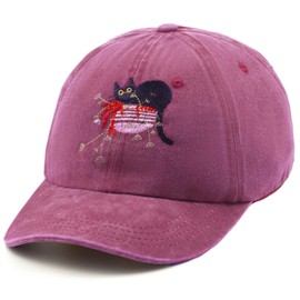 Women Cat Hat - Cat & Plants Embroidered Dad Hat, One Size Fits Most Garden Hat, Pink & Purple