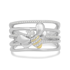 Jewelili Sterling Silver and 10K Yellow Gold 1/5 Cttw Natural White Round Diamonds Bee Band Ring, Size 7