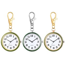 JewelryWe Pocket Watch with Carabiner Key Ring Quartz Watch Analogue Rhinestone Watch for Doctors Nurses Paramedic Chefs Gold White, 3 pieces., Festive Occasions