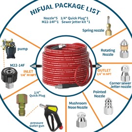 NIFUAL Pressure Washer Cleaning Kit Sewer Jetter Kit for 1/4 Inch NPT Corner Max Working Pressure Drain Cleaner Hose 5800 PSI Durable Sewer Blasting Hose 5 Sewer Blasting Nozzles… (100FT)
