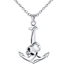 INFINIONLY Men Stainless Steel Necklace Punk Anchor Skull Pendant with 55cm Chain Men's Ghost Head Hip Hop Necklace Vintage Accessories Jewellery for Teenagers