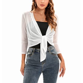 Hairwilly Womens Tie Top 3/4 Sleeve Shrug Bolero Cardigan Lightweight Shrug White