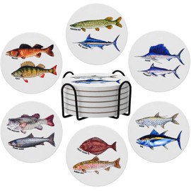 Drink Coasters, Fish Style Round Ceramic Stone Coaster with Cork Base, with Iron Holder Tabletop Protection for Mugs and Cups