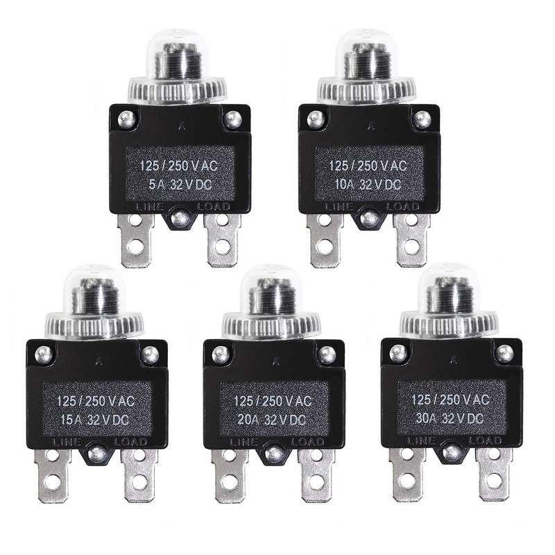 Fuzbaxy 5PCS 5,10,15,20,30Amp Circuit Breakers with Manual Reset 32VDC,AC125-250V with