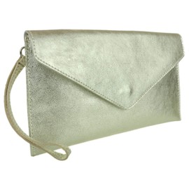 Girly Handbags Womens Genuine Leather Italian Metallic Shimmer Envelope Wrist Clutch Bag (Light Gold)