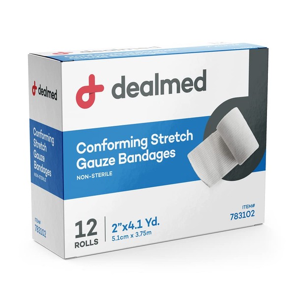 Dealmed 2" Conforming Stretch Gauze Bandages, 12 Gauze Bandage Rolls, 4.1 Yards Stretched Gauze Rolls, Wound Care Product