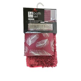 Generic 14 Piece Bathroom Set Fabric Printed Shower Curtain/Chenille Rug/Metal Roller Hooks (Feathers Burgundy), Solid, 686091214160