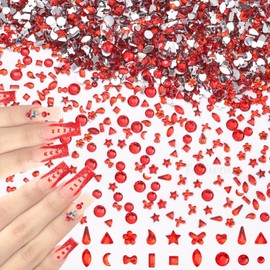 3000 Pcs Mini Red Rhinestones for Nail Art, Multi Shapes Crystal Flatback Nail Gems Rhinestones, 3D Mini Star Heart Flower Nail Rhinestone for Nails Art Diamond Women DIY Accessories - Red