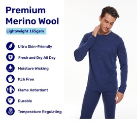MERINNOVATION Merino Wool Base Layer Mens 100% Merino LS Thermal Shirts for Hiking,Lite, Midweight+ Wool Accessory Included
