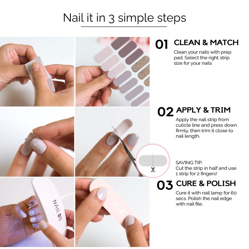 NAILOG Semi-Cured Gel Nail Strips, 20 Strips, Long Lasting, Salon-Quality,