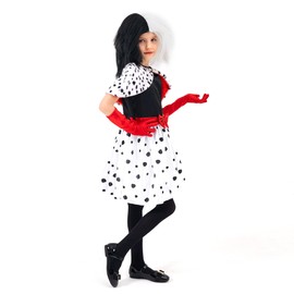 CosExpress Cruella Deville Costume for Kids Girls 5-6, 4 PCS Dalmatian Dress Up Black White Spotted Dress with Gloves Wig Shawl Outfit for World Book Day Kids Photo Shoot Carnival Party Fancy Dress