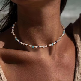 BriLove Baroque Freshwater Cultured Pearl Necklace for Women, Dainty Charms Beads Real Pearls Turquoise Choker Strand Necklaces for Wedding Summer Beach Outfit Party Prom Jewelry