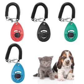 4 Pack Dog Clicker, Pet Training Clicker with Wrist Strap, Effective Behavioral Training Tool for Cats Birds Puppy Recall(Red & Black & Light Blue & Cyan)