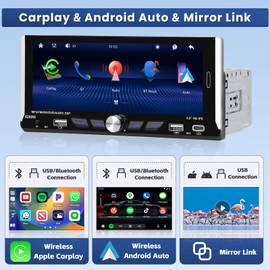 Hikity 6.9 Inch Car Stereo Single Din Wireless Carplay Android Auto, Touch Screen Car Radio Blueooth 5.0, EQ, FM/RDS, Mirror Link, USB/Type-C Input, SWC, Mic, Backup Camera