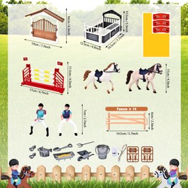 JONRRYIN Horse Stable Toy Horses, 49 Pieces Horse Club Toy, Horse Club, Horse Paddock, Horse Stable, Rider Toy Figures, Obstacles Horse Fence with LED Gift for Children