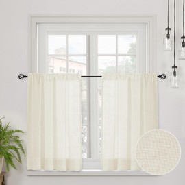 CUCRAF Real Linen Window Curtain, Bistro Curtain, Kitchen Curtains, Set of 2, H 60 x W 90 cm, Light Beige, Semi-Transparent