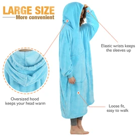 Catalonia Classy Oversized Fleece Hooded Blanket for Women Adults Girls Teens Men Soft and Cosy Portable Long Hooded Blanket Sweatshirt with Hood and Front Pocket Blue