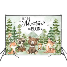 Fitumiw Let The Adventure Begin Baby Shower Backdrop 7x5ft Woodland Animals Baby Shower Background Party Decorations for Boy Mountain Forest Banner Photo Booth Props