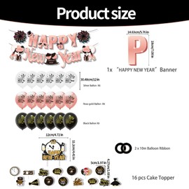 Happy New Year Party Decorations 2025 New Years Eve Decorations Birthday Decorations for Boys Girls Rose gold and black White with Happy New Year Backdrop for New Year Celebration Wedding Graduation