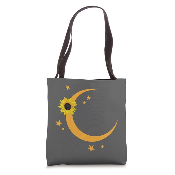 Crescent Moon With Stars And SunFlower On Gray Tote Bag