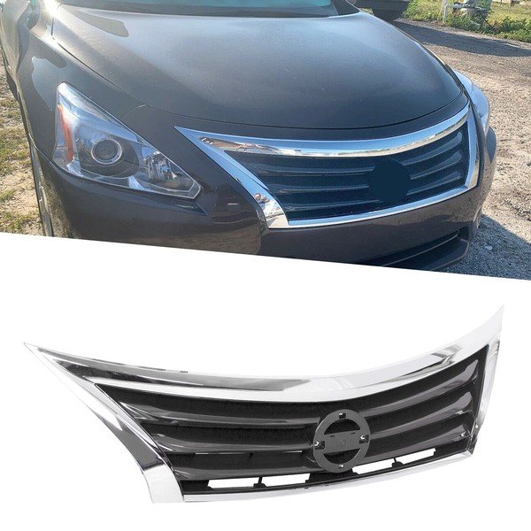 HECASA Front Bumper Grill Compatible with 2013 2014 2015 Nissan Altima 623103TA0A NI1200250 Upper Grille Chrome Shell Black Insert Sedan Assembly