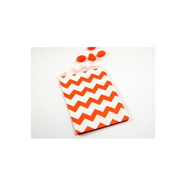 Orange Chevron Stripes on White Middy Bitty Flat Paper Bags 5 X 7 1/2 Inches Set of 25 Bags