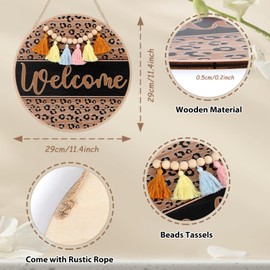 HLNIUC Welcome Front Door Sign(11”x11”)Round Rustic Farmhouse Hanging Plaque, Brown Welcome Door Hanger with Beads Tassels, Boho Office Wooden Signs, Front Wood Sign for Porch Home Outdoor Indoor Decor