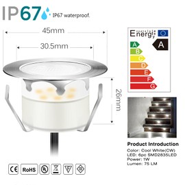 QACA Deck Lights Outdoor Waterproof Low Voltage Lighting Kit Stainless Steel 1W Outdoor Yard Garden Decoration Lamps Landscape Pathway Patio Step Stairs Silver Border(10pcs,Cool White)